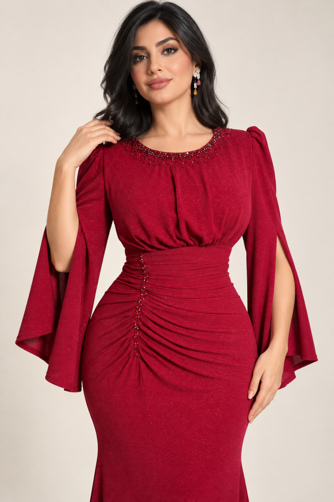 فستان سهرة مكسر بلمعة خفيفة وقصة حورية البحر وأكمام مشقوقة (Split Bell Sleeve Embellished Evening Gown)