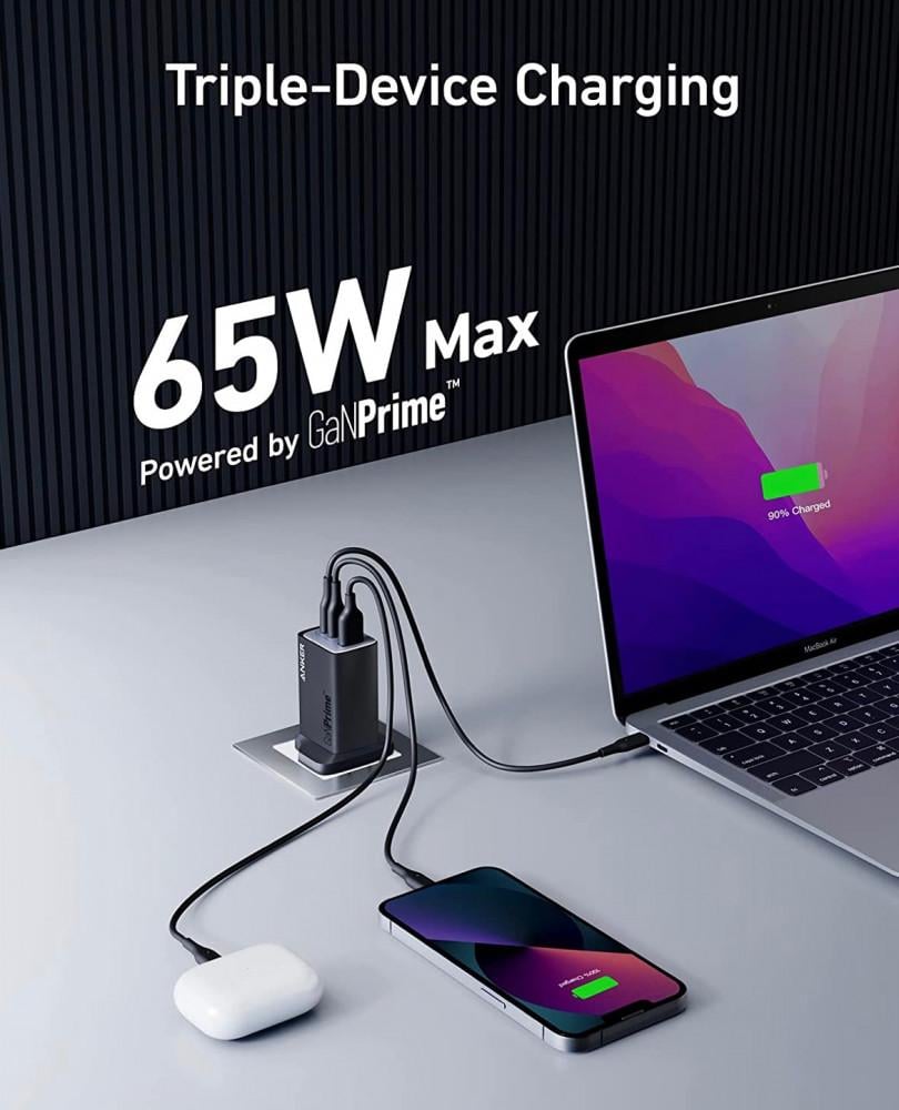 شاحن USB-C جان برايم 735 من انكر، 65 واط، بي بي اس بـ 3 منافذ سريعة، شاحن حائط قابل للطي