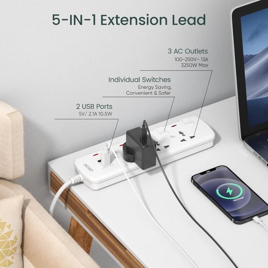 وصلة تمديد لينسنت مع فتحات USB من لينسين، 3 منافذ طاقة مع منفذي USB، محول توصيل عالمي مع سلك تمديد 2 متر، قاعدة شحن للمنزل والمكتب، تبديل بشكل فردي