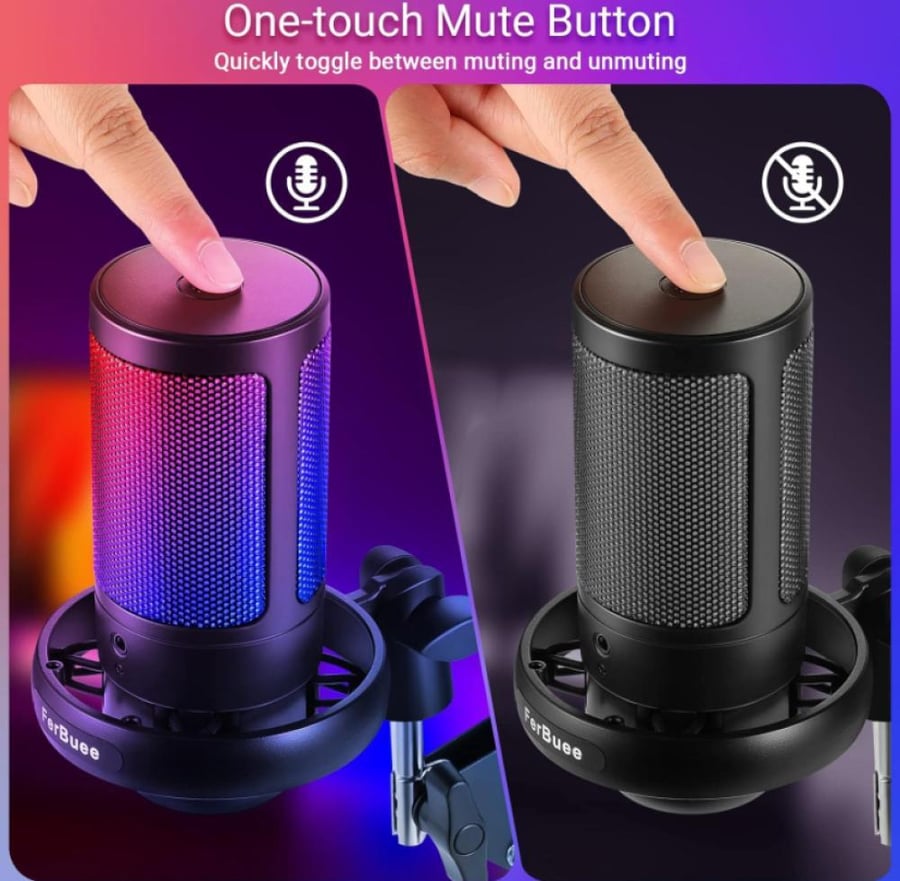 ميكروفون العاب USB للكمبيوتر مع اضاءة RGB وزر كتم الصوت والتحكم في مستوى الصوت ومقبس سماعة راس 3.5 ملم متوافق مع ويندوز وماك او اس والهواتف الذكية وبلاي ستيشن 4/5 من فيربوي (اسود - مع حامل ثلاثي