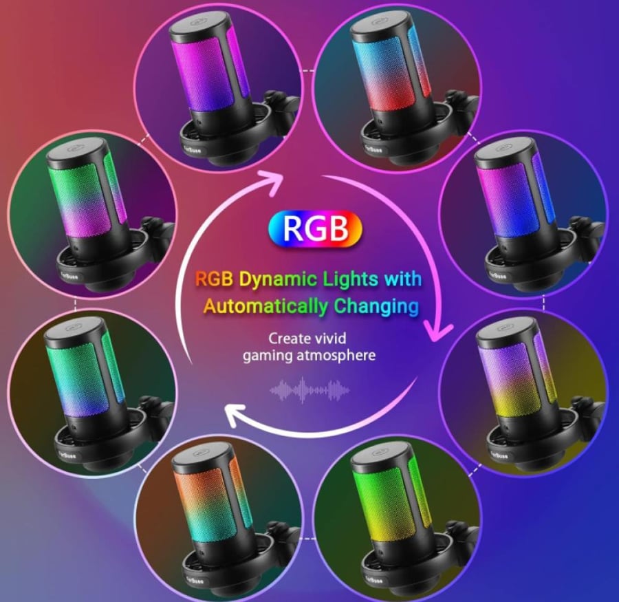 ميكروفون العاب USB للكمبيوتر مع اضاءة RGB وزر كتم الصوت والتحكم في مستوى الصوت ومقبس سماعة راس 3.5 ملم متوافق مع ويندوز وماك او اس والهواتف الذكية وبلاي ستيشن 4/5 من فيربوي (اسود - مع حامل ثلاثي