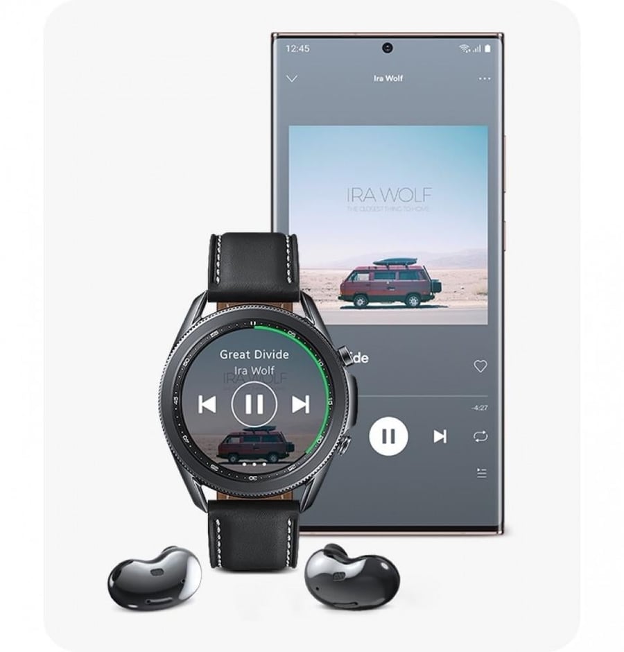 سامسونج‎‎ ‎‎جالكسي واتتش3 45‎‎ ‎GPS‎ ،‎اسود‎ ،‎هيكل ستاينلس ستيل‎ ،‎حزام جلد أسود