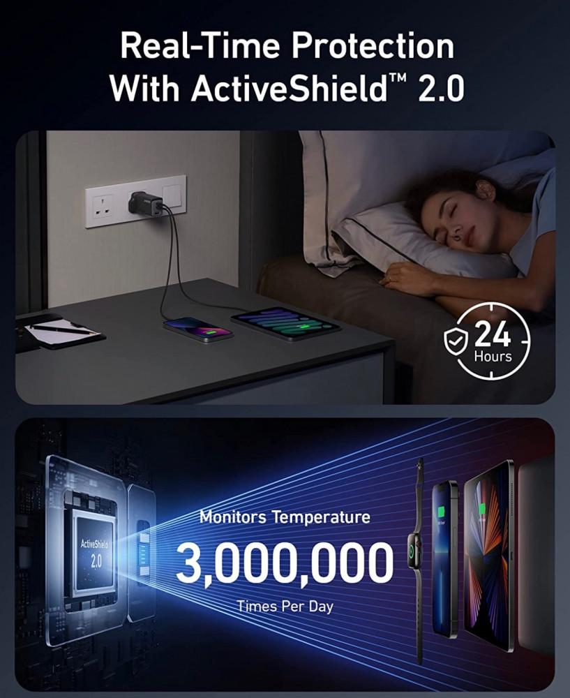 شاحن USB-C جان برايم 735 من انكر، 65 واط، بي بي اس بـ 3 منافذ سريعة، شاحن حائط قابل للطي