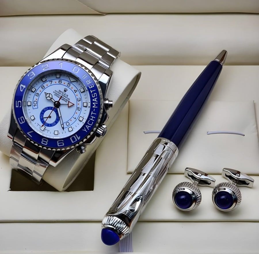Men's set with Rolex watch, battery, and first-class pen with accessories printed