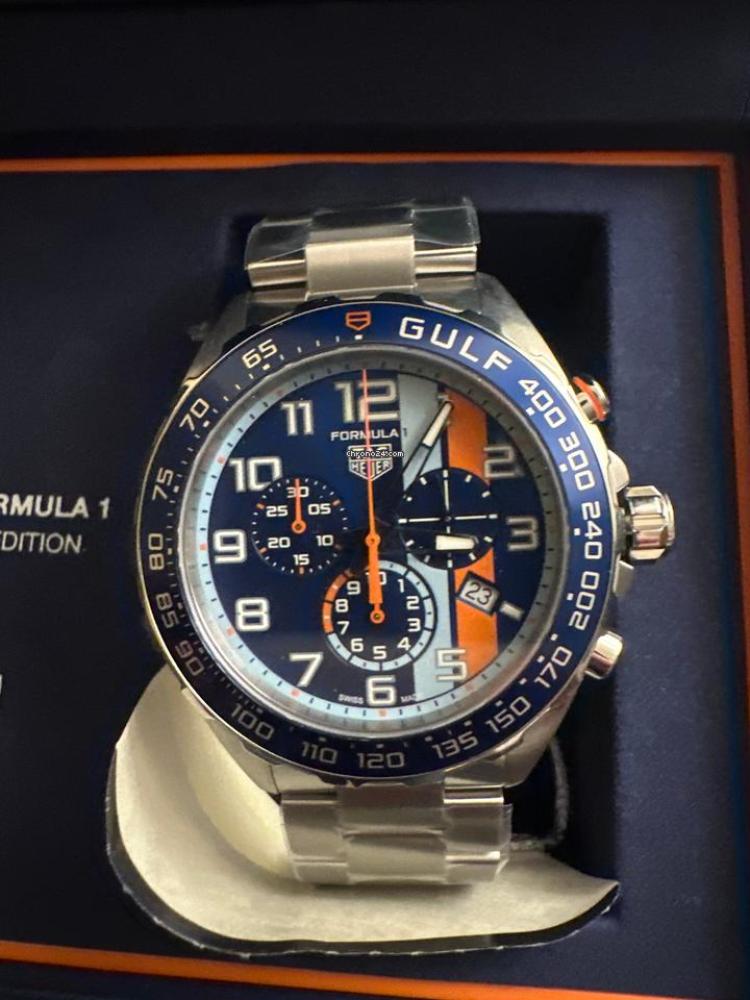 Tag Heuer Formula 1 Gulf Edition chronograph watch with blue dial and silver stainless steel bracelet for men