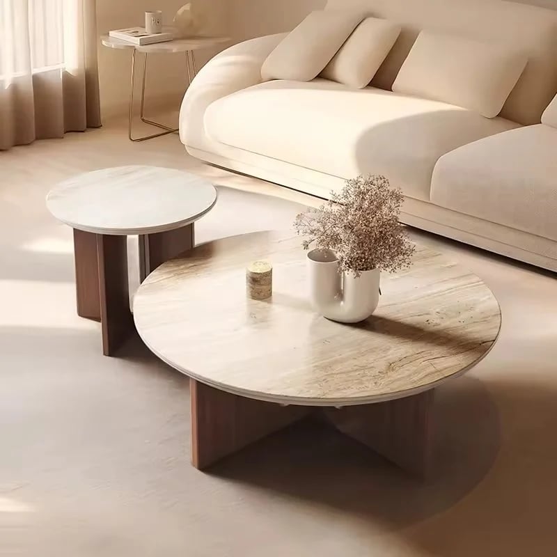 طقم طاولات قهوة خدمة خشبية دائرية بتصميم هندسي لغرفة المعيشة
