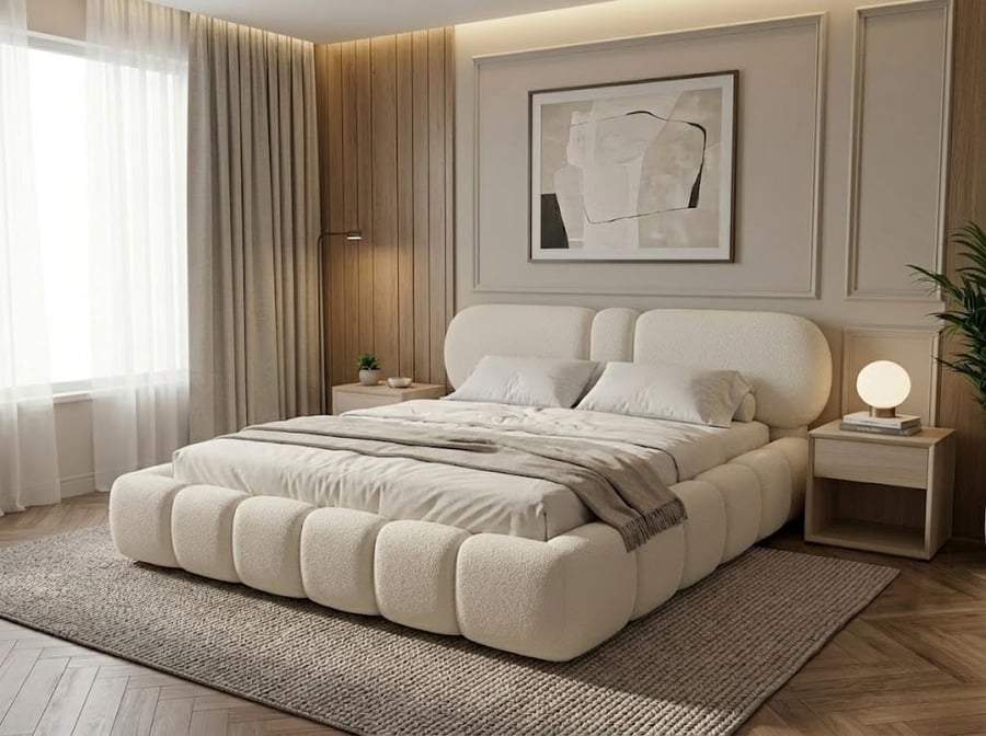 سرير نوم ماستر منجد قماش بوكليه بتصميم كتل دائرية منتفخة – رمادى فاتح