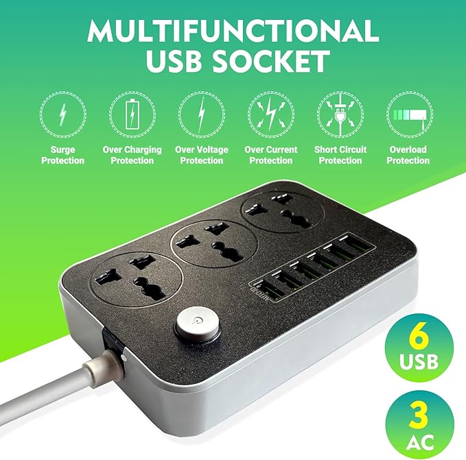 توصيلة محول SKY-TOUCH 3 شرائط طاقة مخارج 6 منافذ USB للحماية من زيادة التيار ومفتاح منفذ الطاقة شاحن محمول مع سلك تمديد طاقة 200 سم