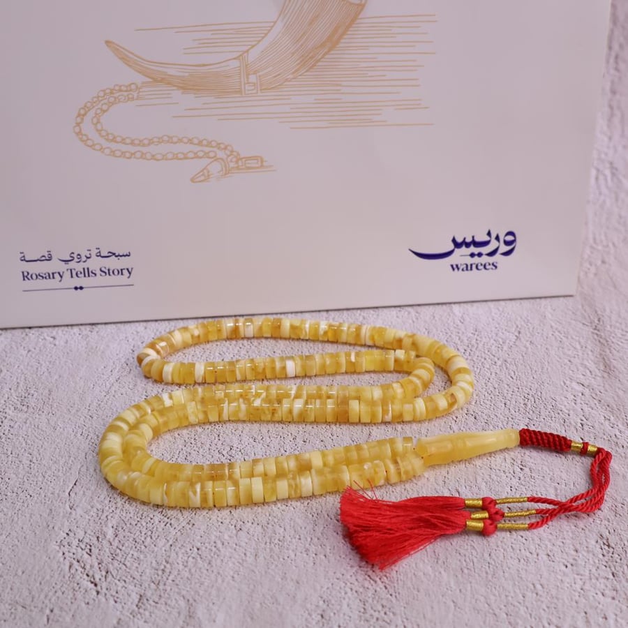 سبحة وريس كهرمان عسلي مطفي خرز ديسك أنيق تفاصيل الخرز