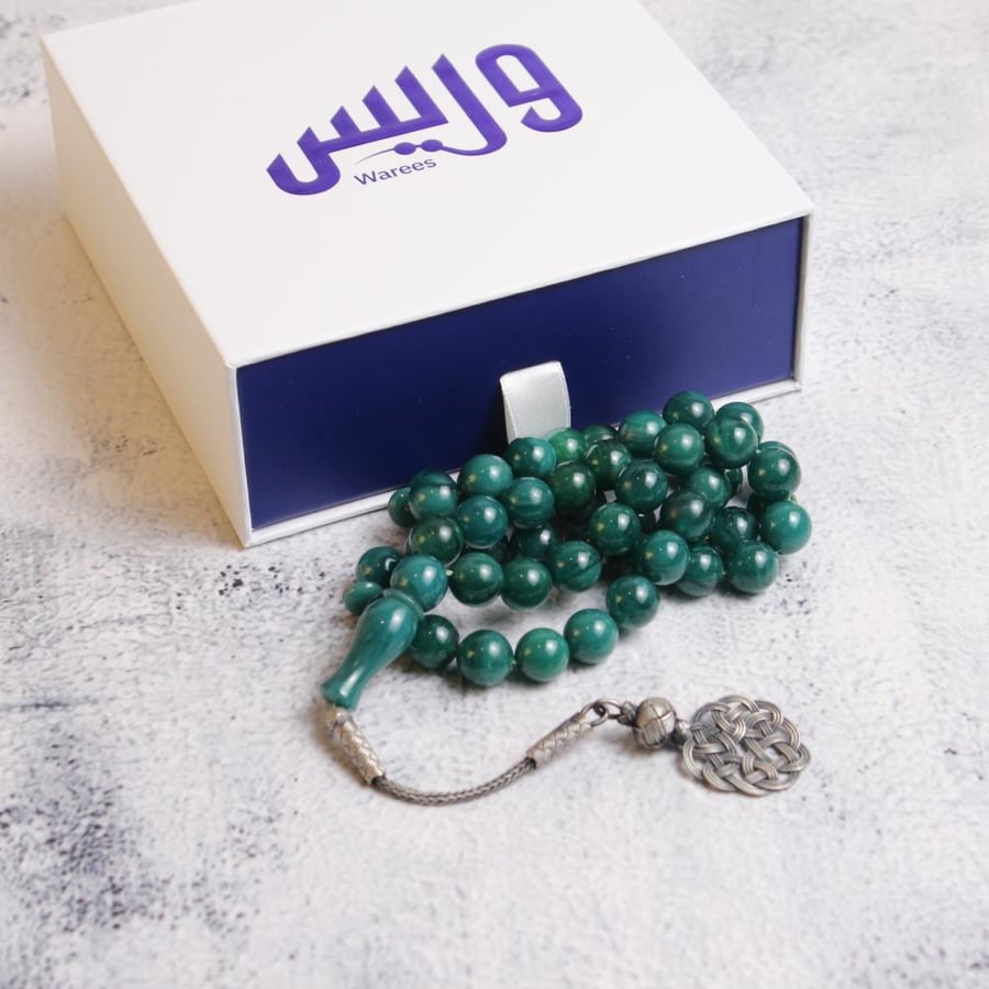 سبحة بكلايت أخضر بالفضة تفاصيل الخرز