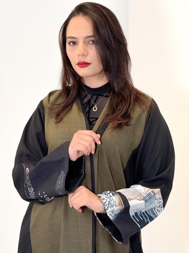Linen fabric abaya, Bahraini, black with olive and embroidered with floral pattern + headscarf
