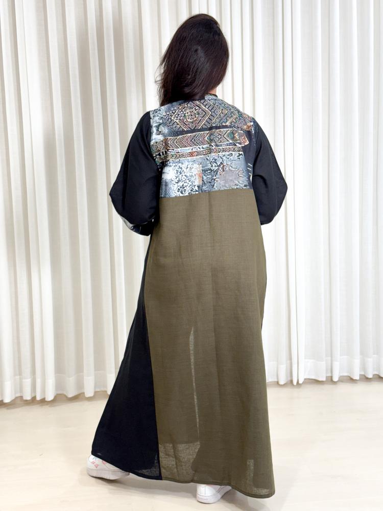Linen fabric abaya, Bahraini, black with olive and embroidered with floral pattern + headscarf