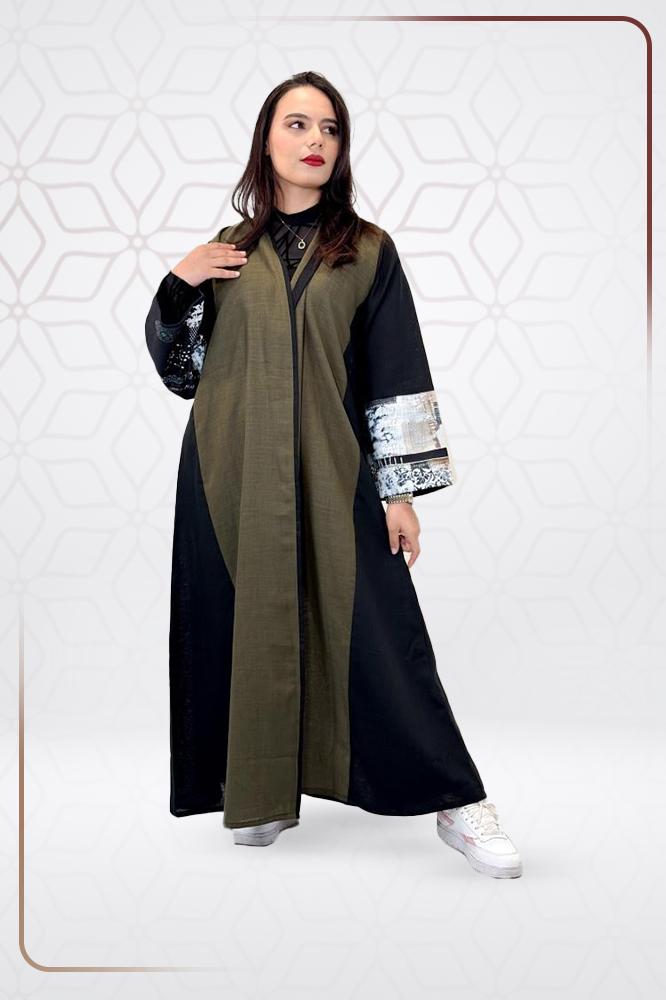 Linen fabric abaya, Bahraini, black with olive and embroidered with floral pattern + headscarf