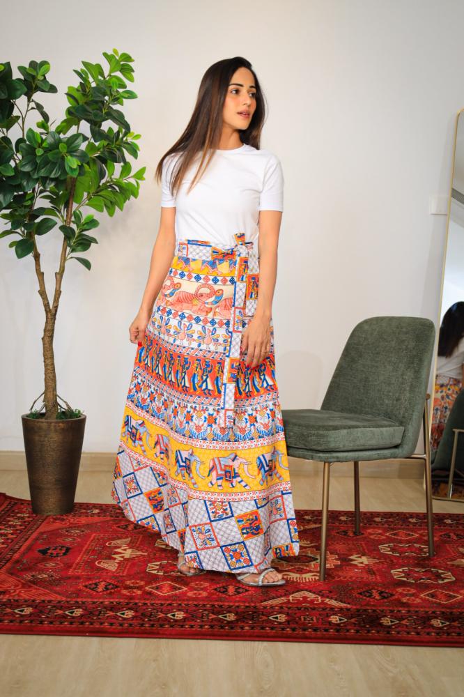 Yellow patterned wrap skirt