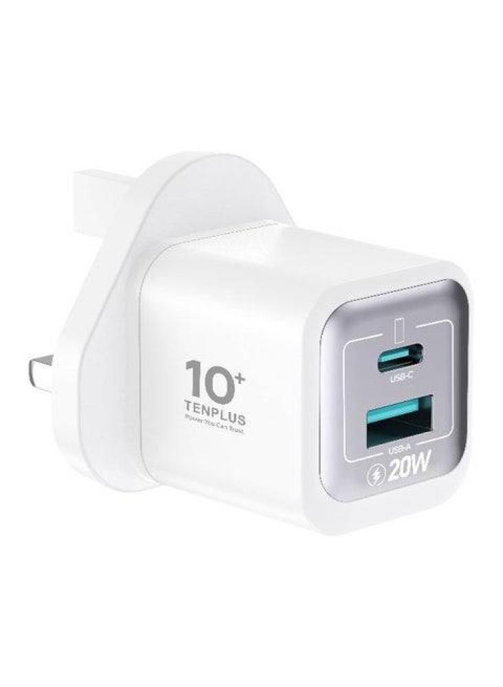شاحن جداري تن بلس 20 واط يدعم الشحن السريع بمنفذين Type-C, USB