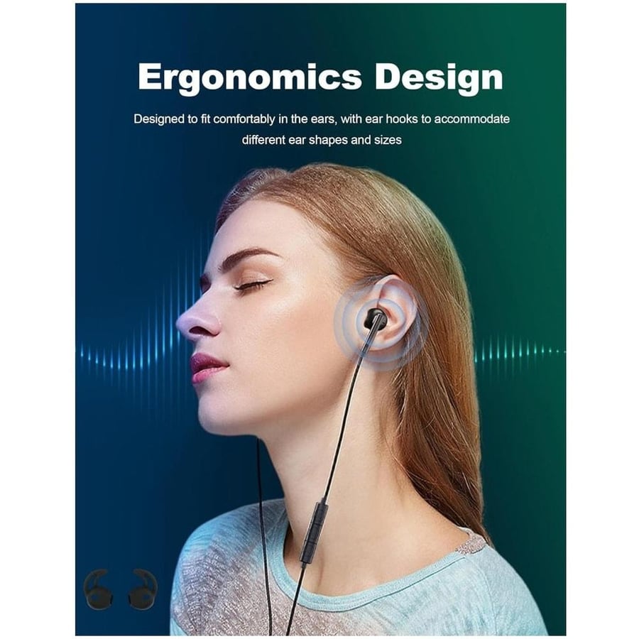 راف باور - سماعة سلكية بمنفذ تايب سي , صوت ستيريو Hi-Fi مع مايك وأزرار تحكم وتصميم مريح للأذن - أسود
