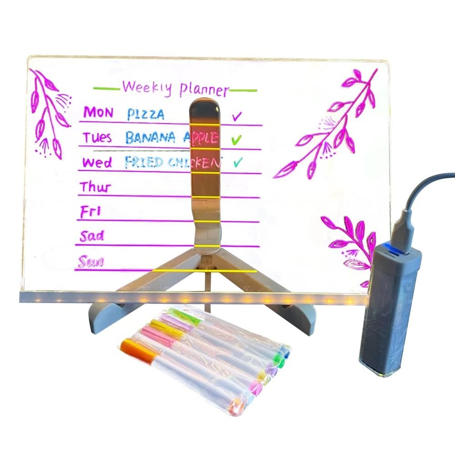 DIY - JS-01 سبورة أكريليك شفافة مضيئة للكتابة والرسم , مع أقلام ملونة وحامل مثلث قابل للطي - تعمل بمنفذ USB