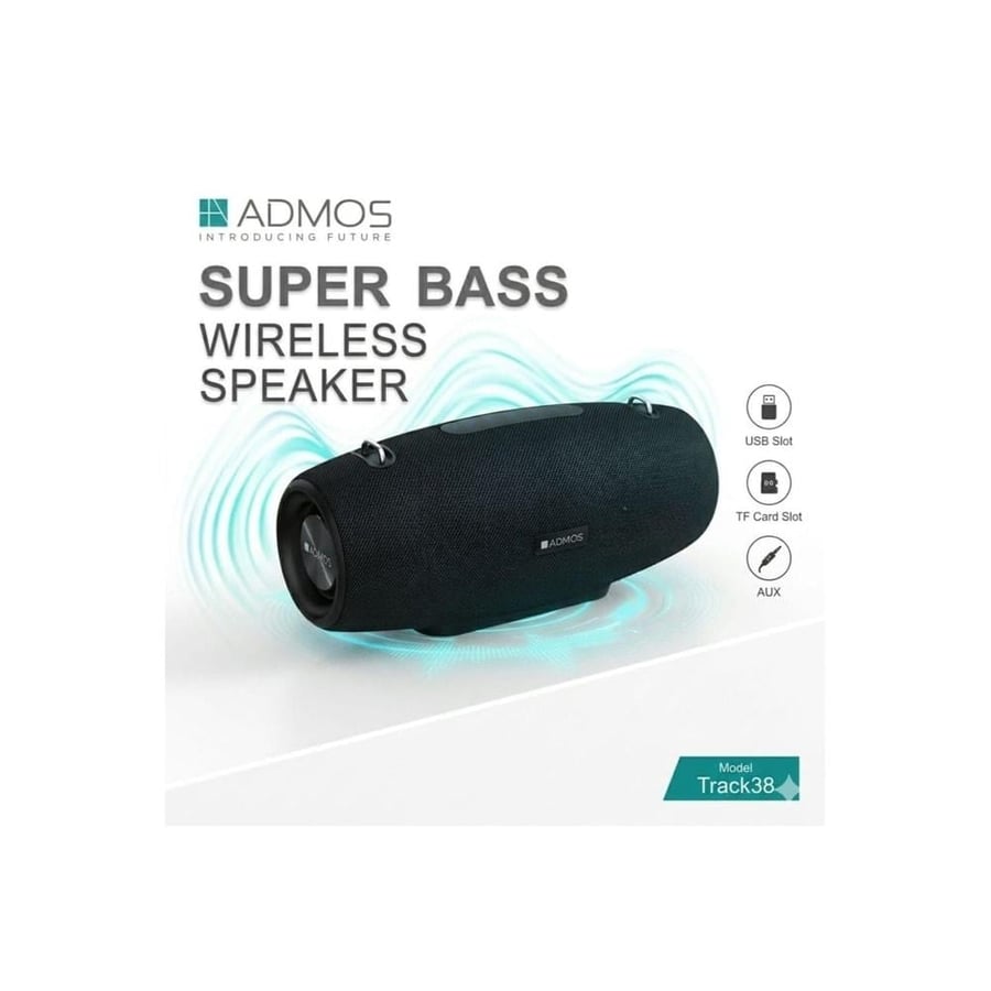 أدموس - Track38 مكبر صوت بلوتوث محمول سوبر باس , بلوتوث 5.3 ومنفذ USB وبطاقة ذاكرة ومدخل AUX - أسود