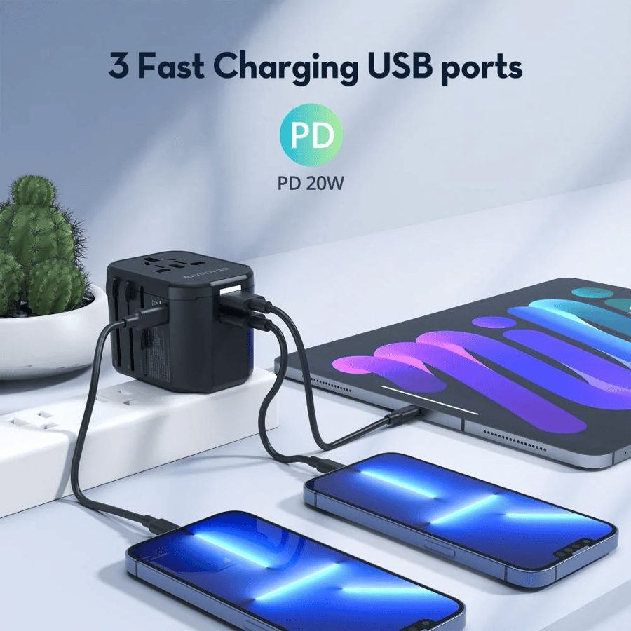 راف باور - شاحن سفر عالمي 20 واط - منفذ PD + منفذين USB