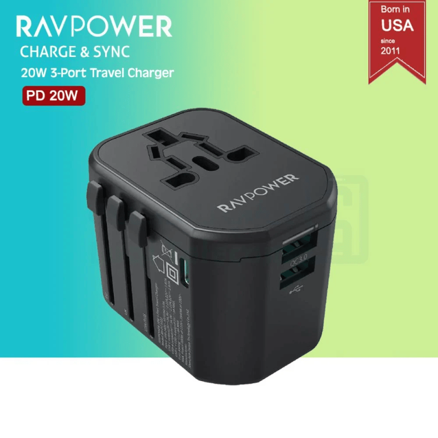 راف باور - شاحن سفر عالمي 20 واط - منفذ PD + منفذين USB
