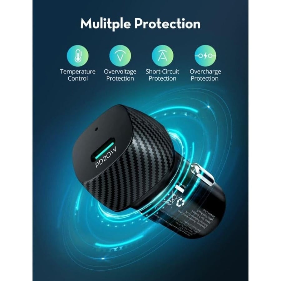 راف باور - شاحن سيارة PD Pioneer 20 واط بمنفذ تايب سي , يعمل من 12 إلى 24 فولت بتقنية iSmart وحجم مدمج - أسود
