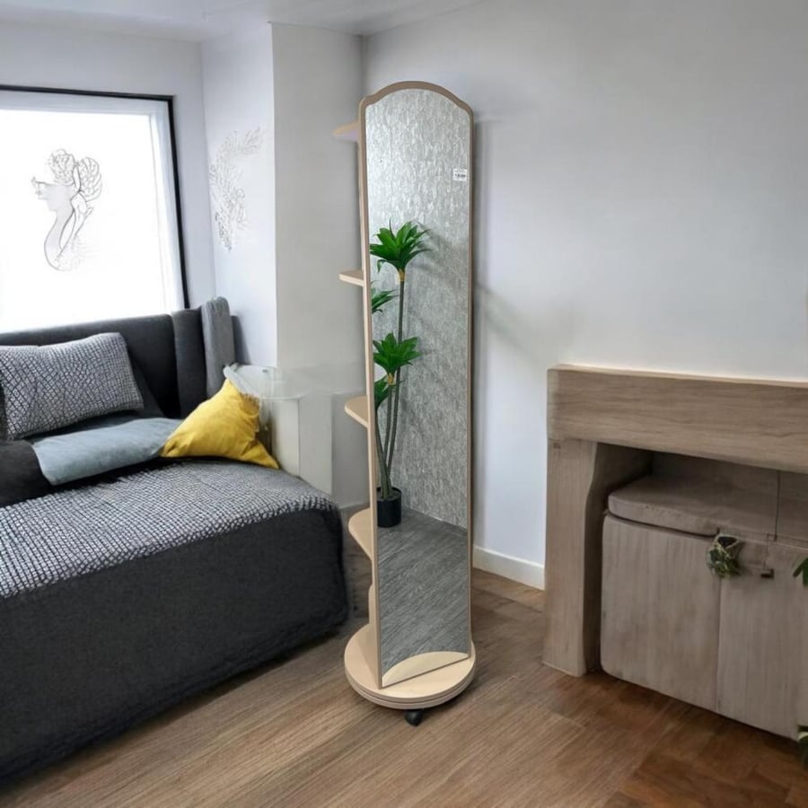 Moving mirrors with a rotating base and wooden shelves