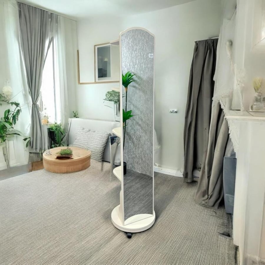 Moving mirrors with a rotating base and wooden shelves