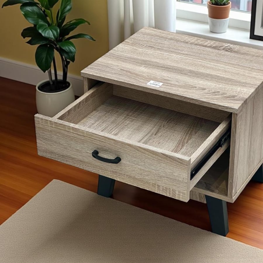 Side table with drawer and open shelf – modern wooden design