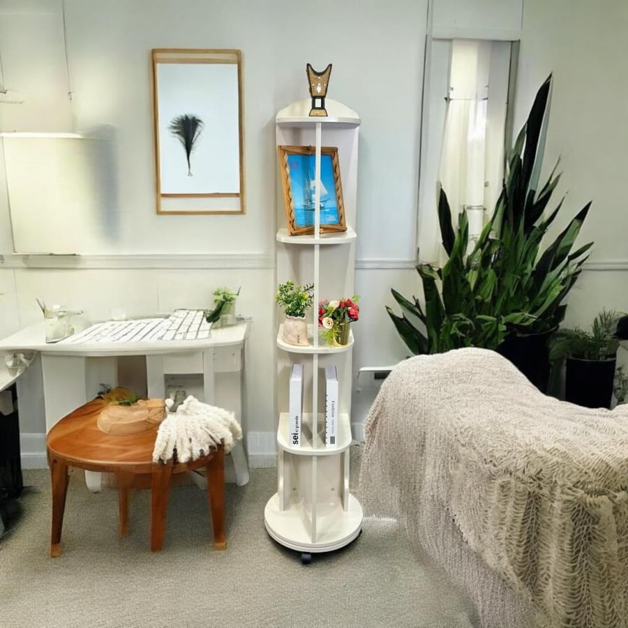 Moving mirrors with a rotating base and wooden shelves