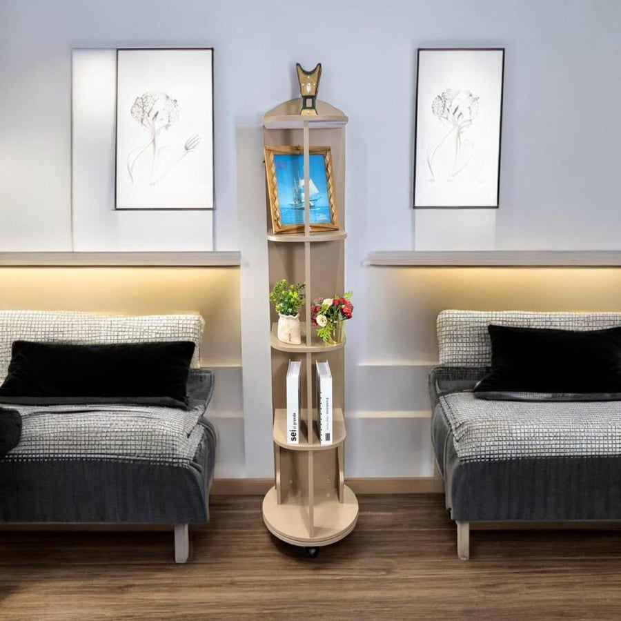 Moving mirrors with a rotating base and wooden shelves