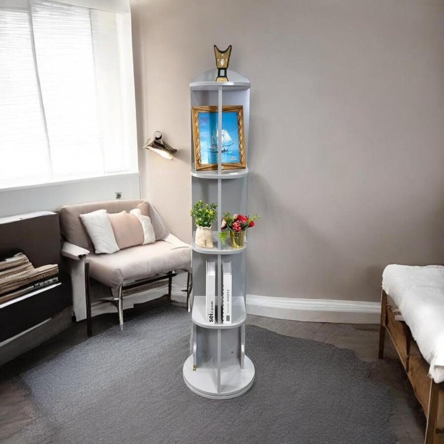 Moving mirrors with a rotating base and wooden shelves