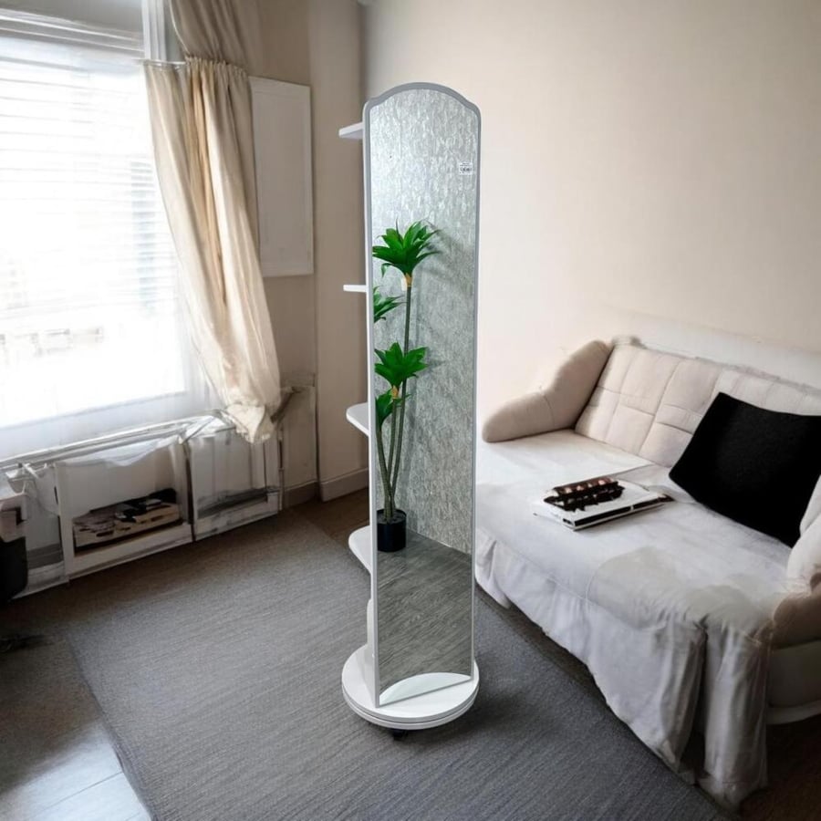 Moving mirrors with a rotating base and wooden shelves