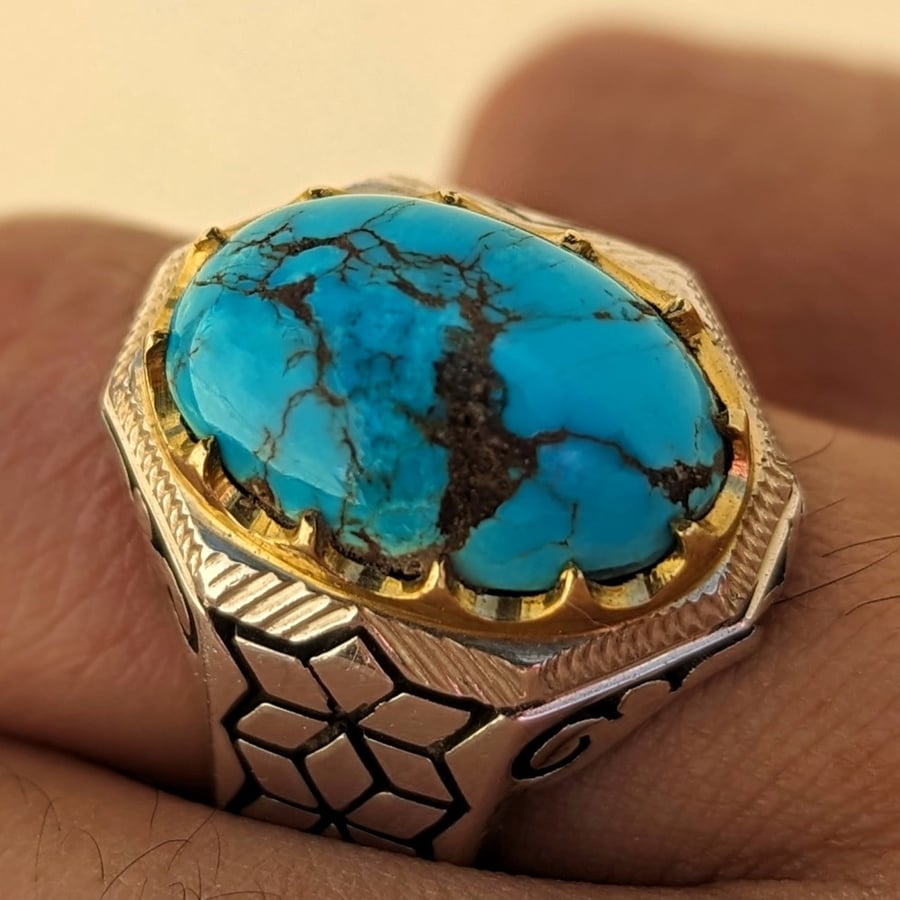 خاتم فيروز نيشابوري طبيعي وأصلي قبه مقلع صلم صياغة حجت