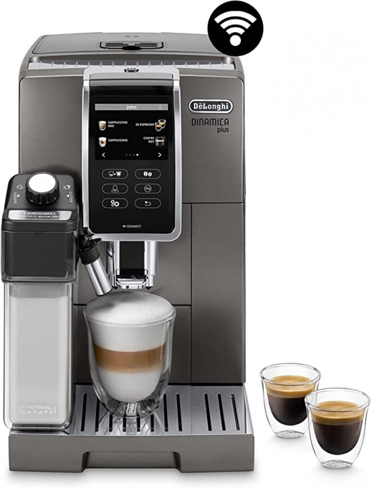 ماكينة تحضير قهوة ديناميكا بلس Ecam370.95.T بقدرة 1450 واط وشاشة بشرائح الترانزستور الرقيقة مقاس 3.5 انش مع ابريق حليب من ديلونجي، تيتانيوم