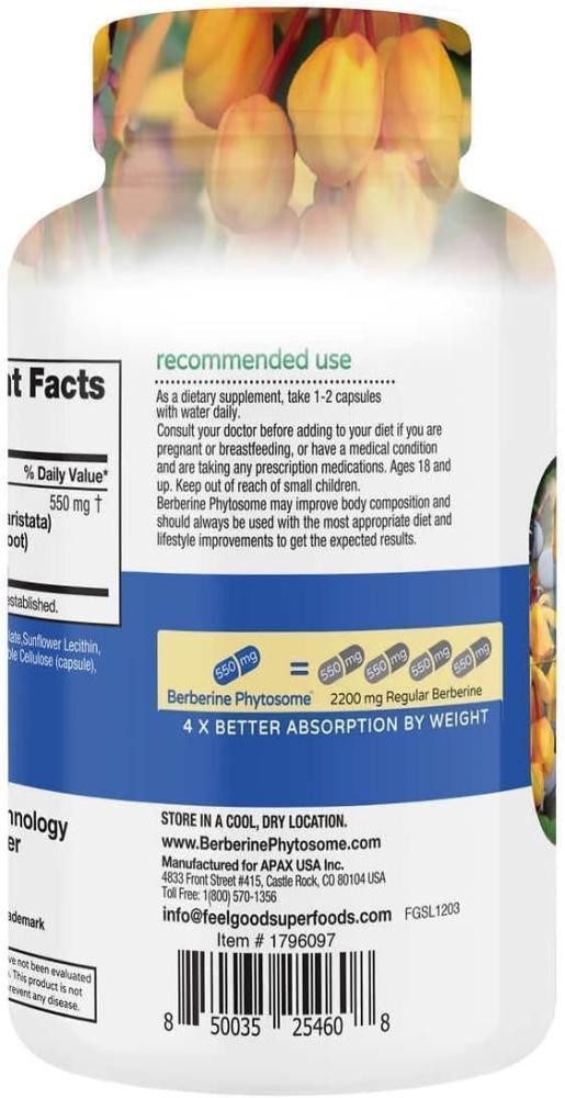 Berberine Phytosome™  بربرين فوسفوم عالي الامتصاص – Feel Good Superfoods (120 كبسولة نباتية)