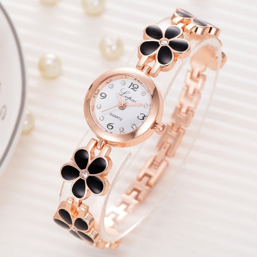 Women's watch with flower strap, black color
