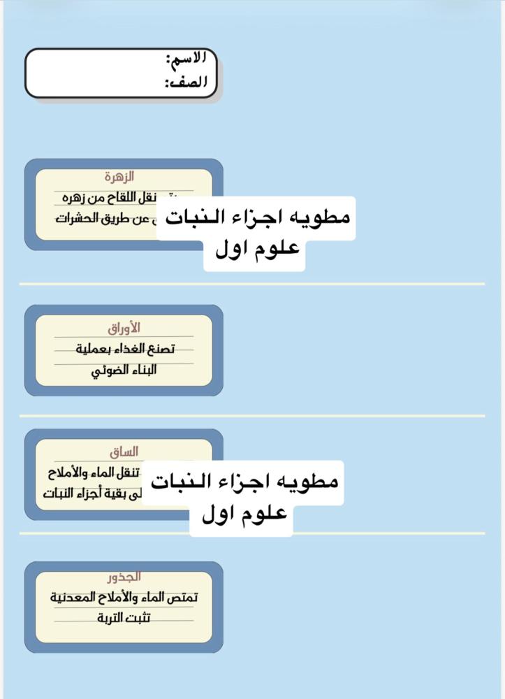 مطويه اول ابتدائي علوم اجزاء النبات