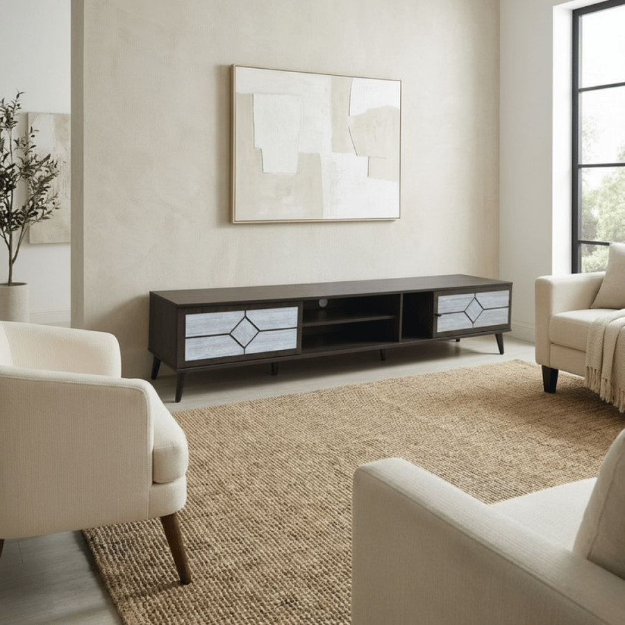 طاولة تلفزيون بني خشب هندسي 200×40×45 سم برفوف مزدوجة أنيقة