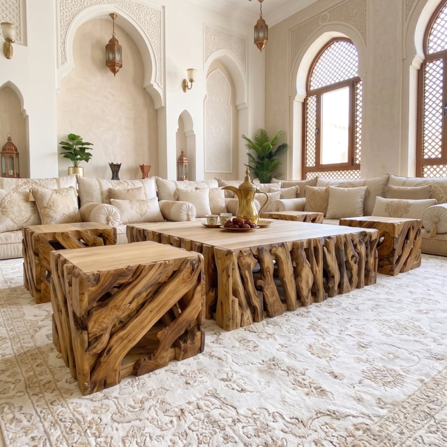 طقم طاولات للمعيشة من الخشب الطبيعي بتصميم عصري – بيج