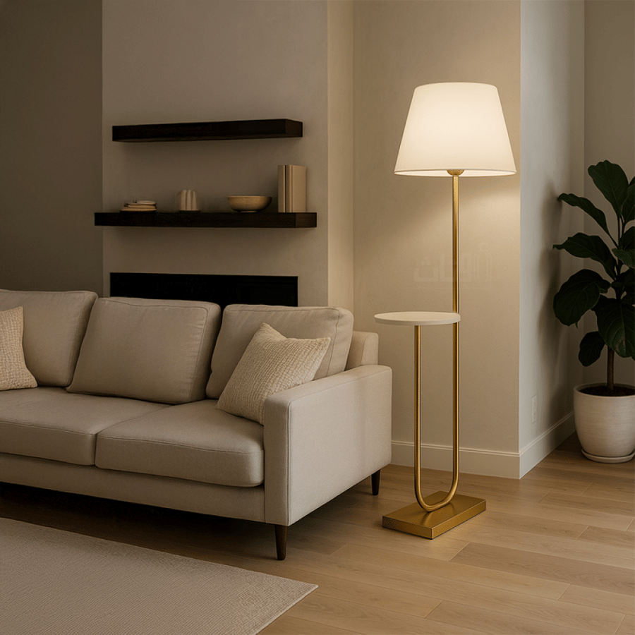 مصباح أرضي بقاعدة ذهبية فاخرة وتصميم أنيق