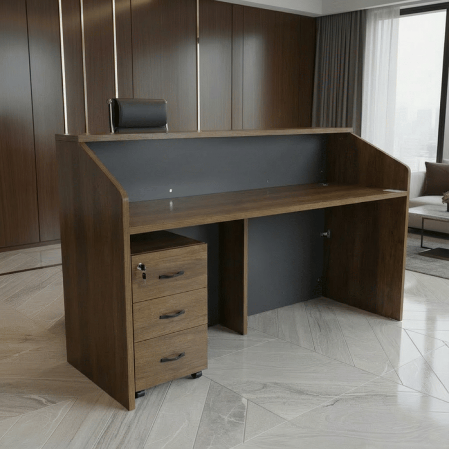 كاونتر استقبال خشبي بني × رمادي 120 سم – تصميم ذكي للمكاتب العملية