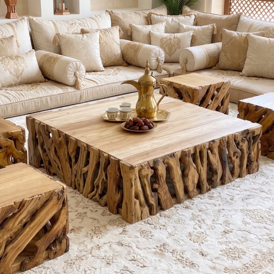 طقم طاولات للمعيشة من الخشب الطبيعي بتصميم عصري – بيج