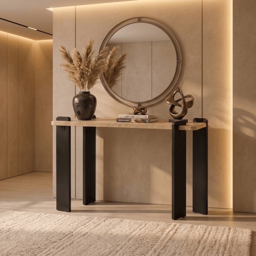 كونسول مدخل بيج وأسود مستطيل بتشطيب يشبه الترافرتين، طاولة ديكور عصرية وأنيقة – 140 × 40 × 80 سم