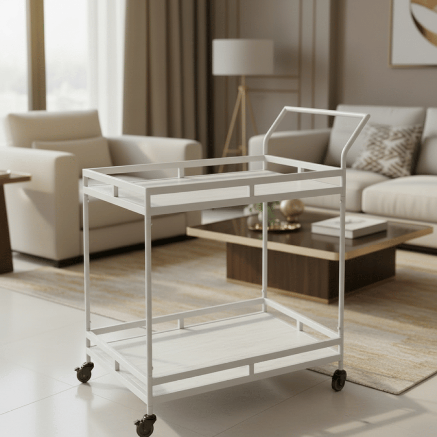 عربة ضيافة بعجل مع رفين – لون أبيض بتصميم عصري
