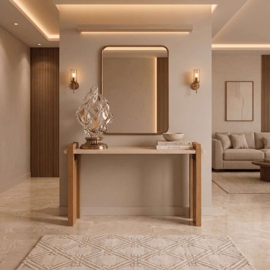 كونسول بيج وبني مستطيل بتصميم عصري وتشطيب يشبه الترافرتين، طاولة مدخل أنيقة