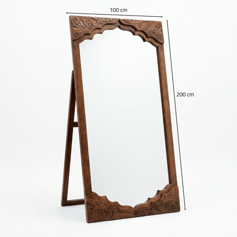 مرآة أرضية مستطيلة بإطار خشبي طبيعي – بني