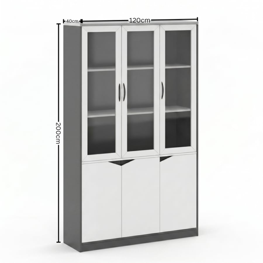 مكتب مستطيل أبيض ورمادي بثلاثة أدراج وتصميم عملي