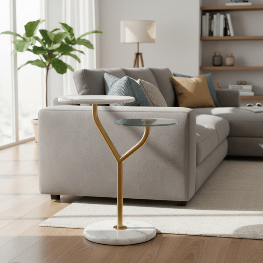 طاولة جانبية دائرية بسطح رخام وزجاج وقاعدة ذهبية – فخامة بتصميم عصري