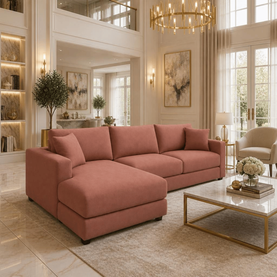 كنبة زاوية حرف L بتصميم عصري وأنيق ولون برتقالي داكن