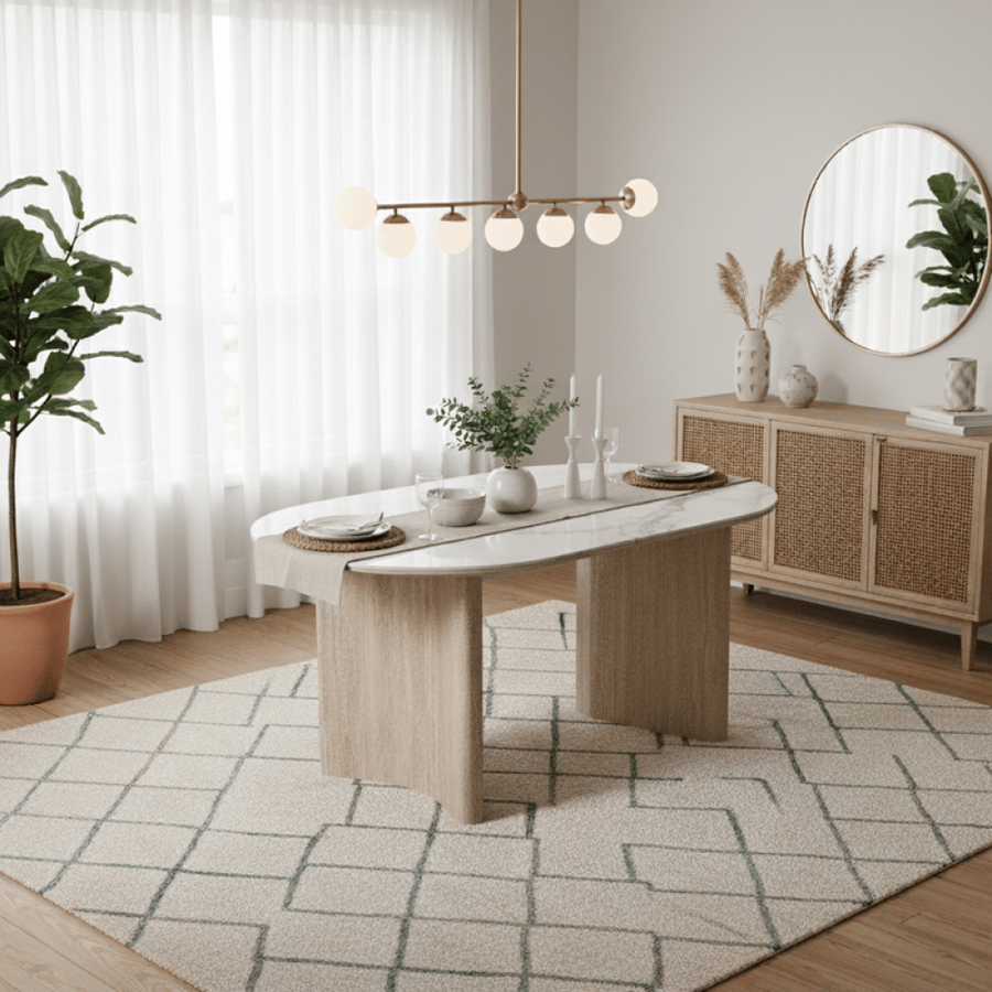 طاولة طعام سيراميك مع 6 كراسي – تصميم عصري بشكل بيضاوي